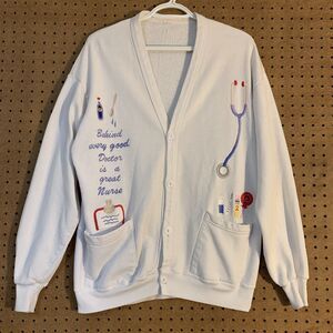 Vintage Cardigan Jacket Sweater Embroidered Novelty Nurse White Healthcare Large